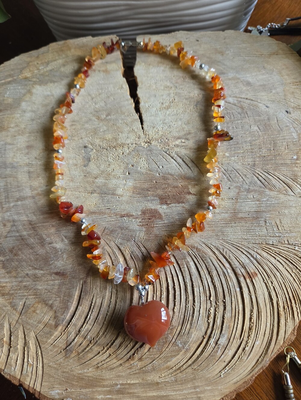 Vintage Necklace With Carnelian Heart And Beaded Carnelian Chips